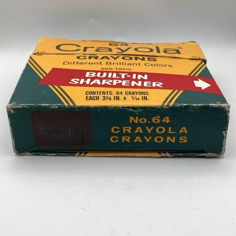 Vtg 1970's Crayola Crayons 64 Pack / With Sharpener / Worn Box / Partially Used